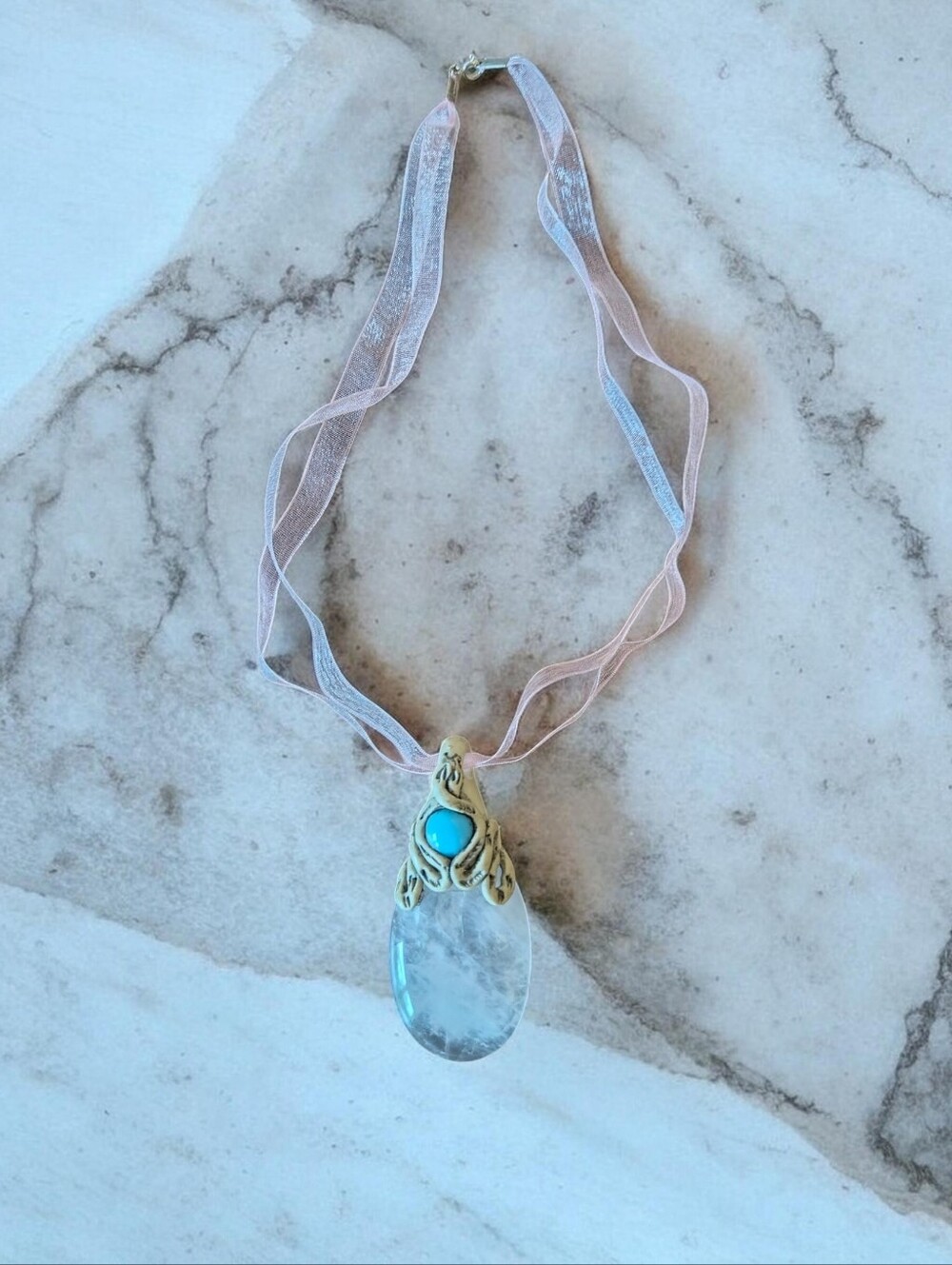 Handmade Pink Ribbon Necklace with Turquoise and Clear Pendant